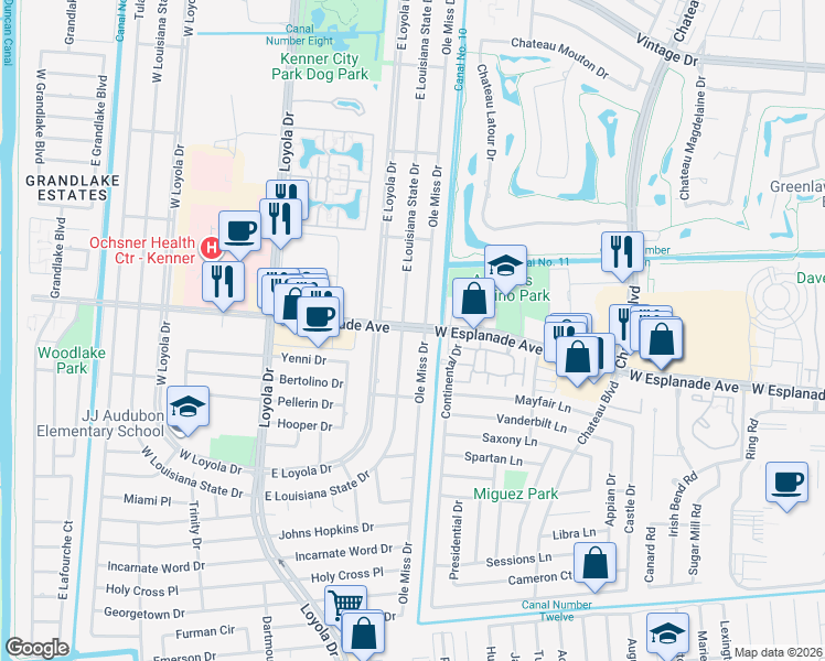 map of restaurants, bars, coffee shops, grocery stores, and more near 520 West Esplanade Avenue in Kenner