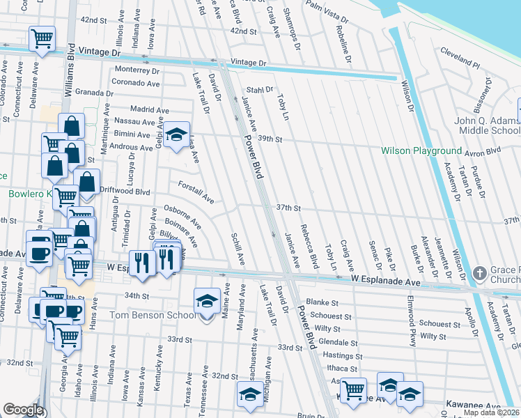 map of restaurants, bars, coffee shops, grocery stores, and more near 2805 37th Street in Kenner