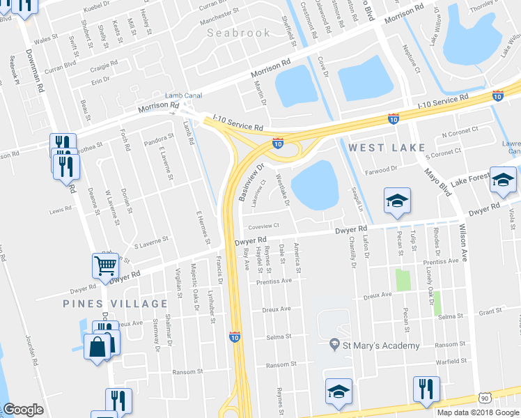 map of restaurants, bars, coffee shops, grocery stores, and more near 6587 Harbourview Drive in New Orleans