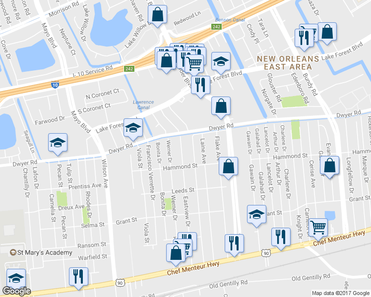 map of restaurants, bars, coffee shops, grocery stores, and more near 4909 Eastview Drive in New Orleans
