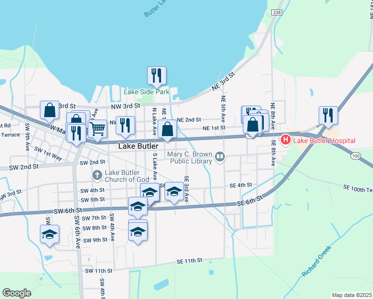 map of restaurants, bars, coffee shops, grocery stores, and more near 115 Southeast 3rd Avenue in Lake Butler