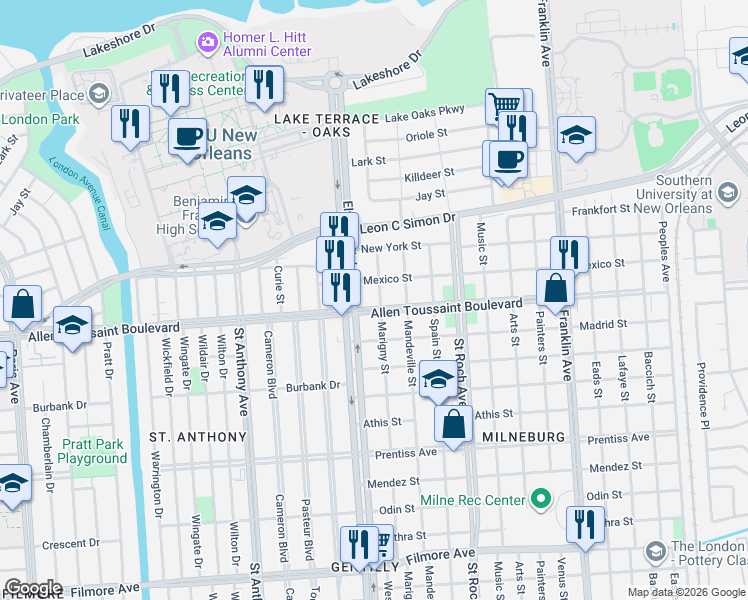 map of restaurants, bars, coffee shops, grocery stores, and more near 6208 Marigny Street in New Orleans