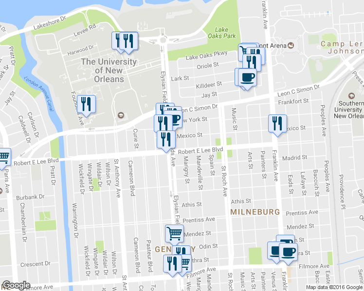 map of restaurants, bars, coffee shops, grocery stores, and more near 6208 Marigny Street in New Orleans