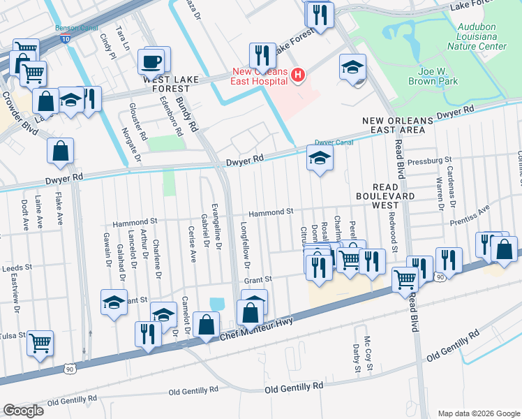 map of restaurants, bars, coffee shops, grocery stores, and more near 4800 Marque Drive in New Orleans