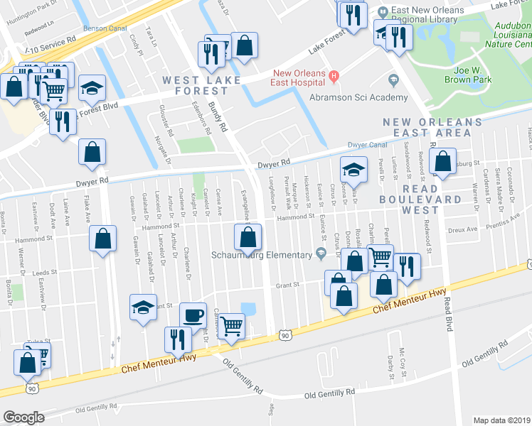 map of restaurants, bars, coffee shops, grocery stores, and more near 4811 Bundy Road in New Orleans