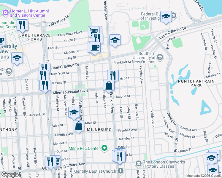 map of restaurants, bars, coffee shops, grocery stores, and more near Franklin Ave & Robert E Lee Blvd in New Orleans