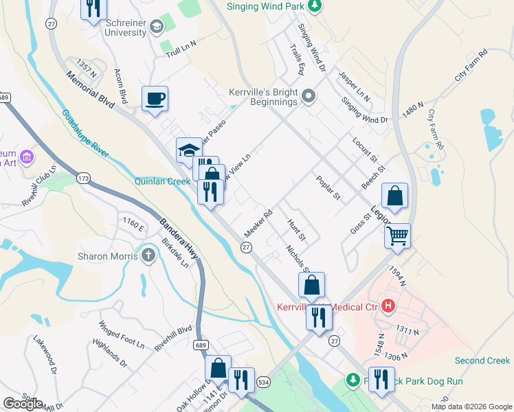 map of restaurants, bars, coffee shops, grocery stores, and more near 440 Burleson Boulevard North in Kerrville