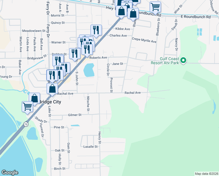 map of restaurants, bars, coffee shops, grocery stores, and more near 107 Provost St in Bridge City