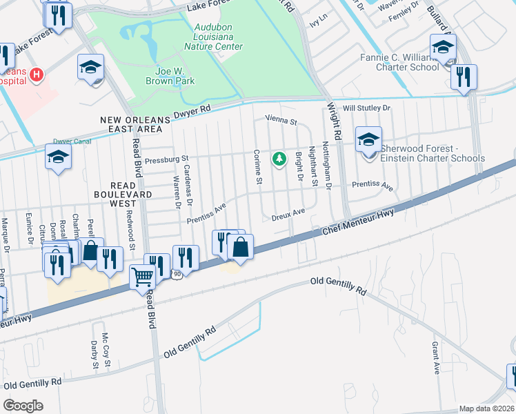 map of restaurants, bars, coffee shops, grocery stores, and more near 4621 Corinne Street in New Orleans