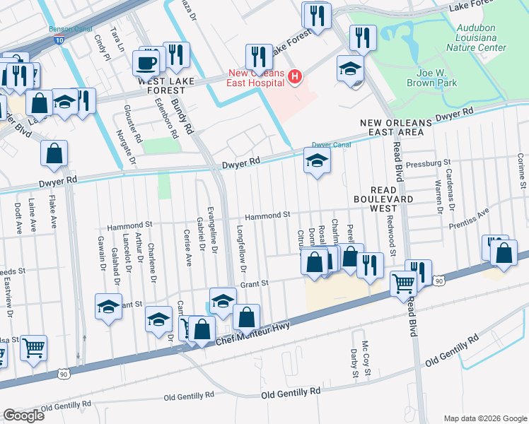 map of restaurants, bars, coffee shops, grocery stores, and more near 4800 Marque Drive in New Orleans