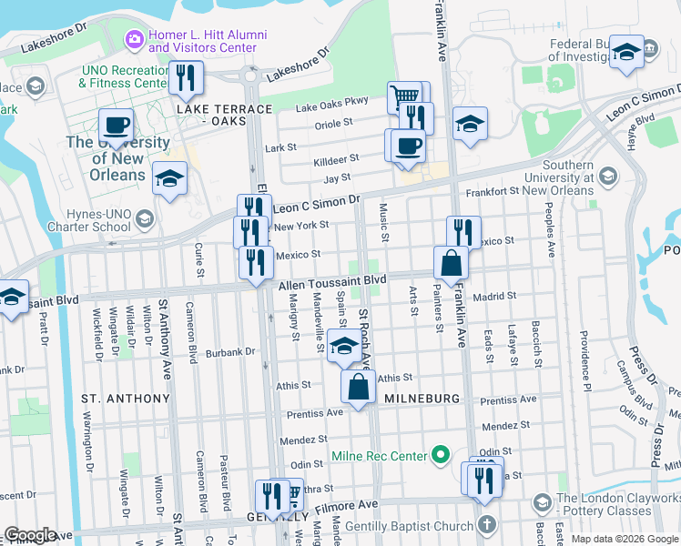map of restaurants, bars, coffee shops, grocery stores, and more near 2327 Robert E Lee Boulevard in New Orleans