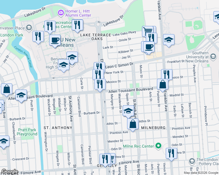 map of restaurants, bars, coffee shops, grocery stores, and more near 6208 Marigny Street in New Orleans