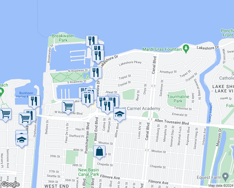 map of restaurants, bars, coffee shops, grocery stores, and more near 322 Jewel Street in New Orleans