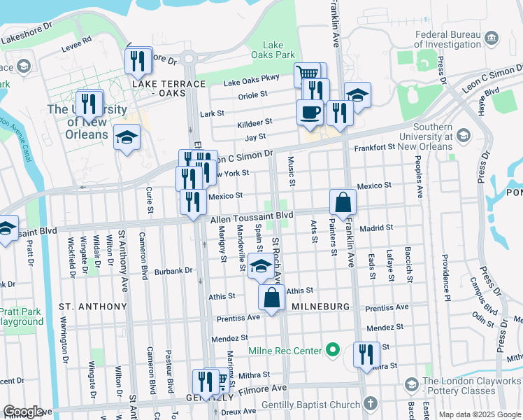 map of restaurants, bars, coffee shops, grocery stores, and more near 2327 Robert E Lee Boulevard in New Orleans