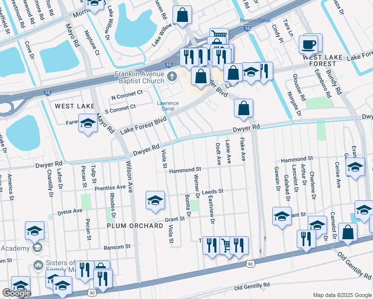 map of restaurants, bars, coffee shops, grocery stores, and more near 4914 Werner Drive in New Orleans