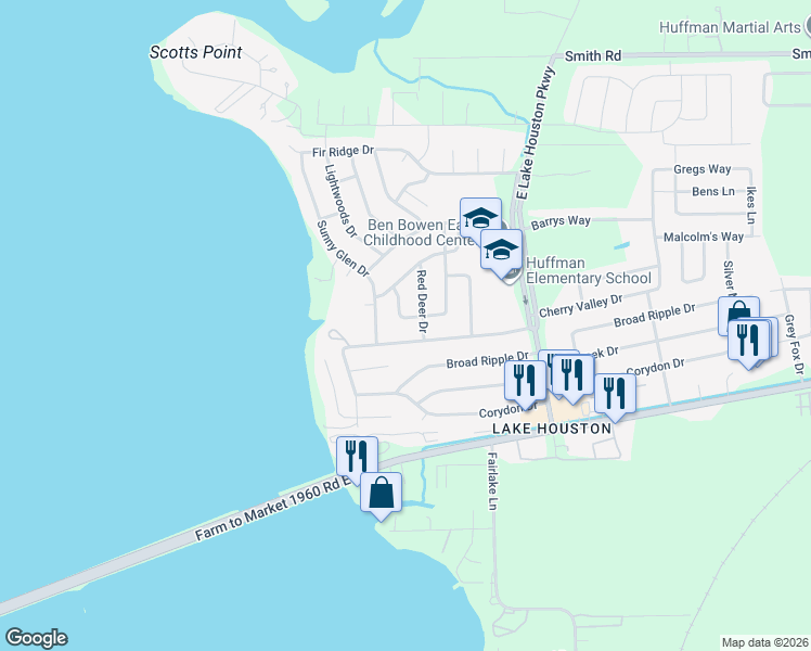 map of restaurants, bars, coffee shops, grocery stores, and more near 24215 Lightwoods Drive in Huffman