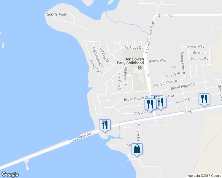 map of restaurants, bars, coffee shops, grocery stores, and more near 24215 Lightwoods Drive in Huffman