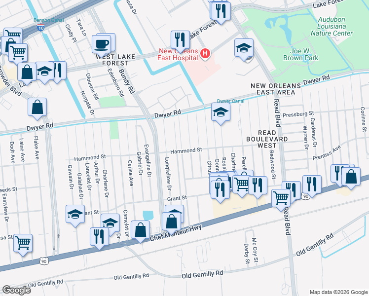 map of restaurants, bars, coffee shops, grocery stores, and more near 4800 Marque Drive in New Orleans