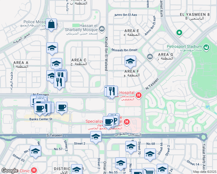 map of restaurants, bars, coffee shops, grocery stores, and more near in New Cairo 1