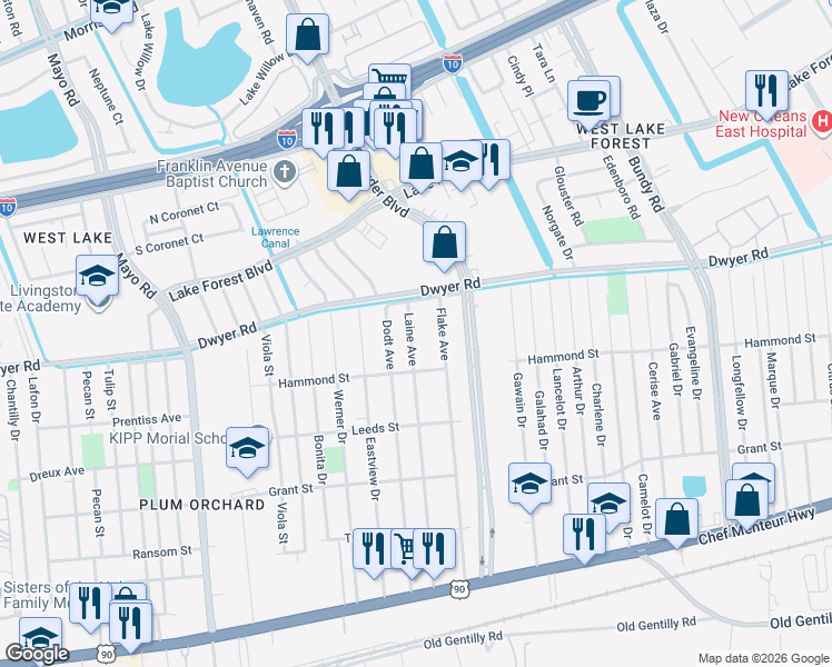 map of restaurants, bars, coffee shops, grocery stores, and more near 4907 Laine Avenue in New Orleans