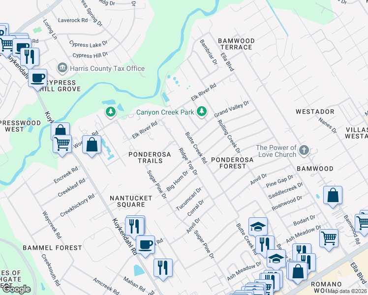 map of restaurants, bars, coffee shops, grocery stores, and more near 17819 Butte Creek Road in Houston