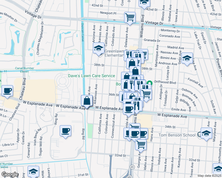 map of restaurants, bars, coffee shops, grocery stores, and more near 3608 Colorado Avenue in Kenner