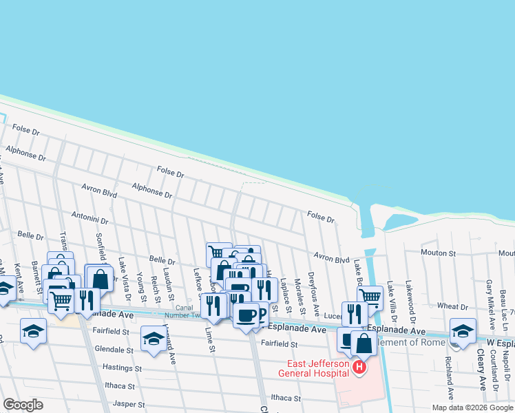 map of restaurants, bars, coffee shops, grocery stores, and more near 4917 Reaser Street in Metairie
