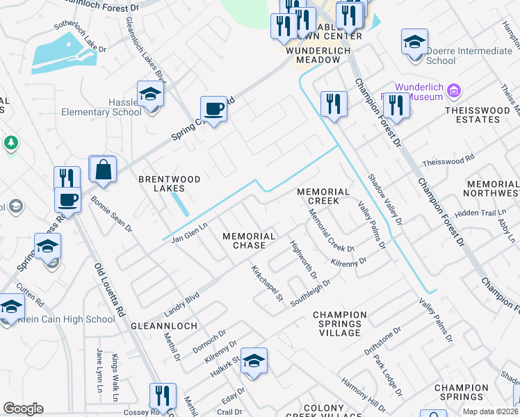 map of restaurants, bars, coffee shops, grocery stores, and more near 17315 Edenbridge Court in Spring