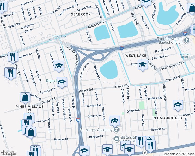 map of restaurants, bars, coffee shops, grocery stores, and more near 5100 Westlake Drive in New Orleans