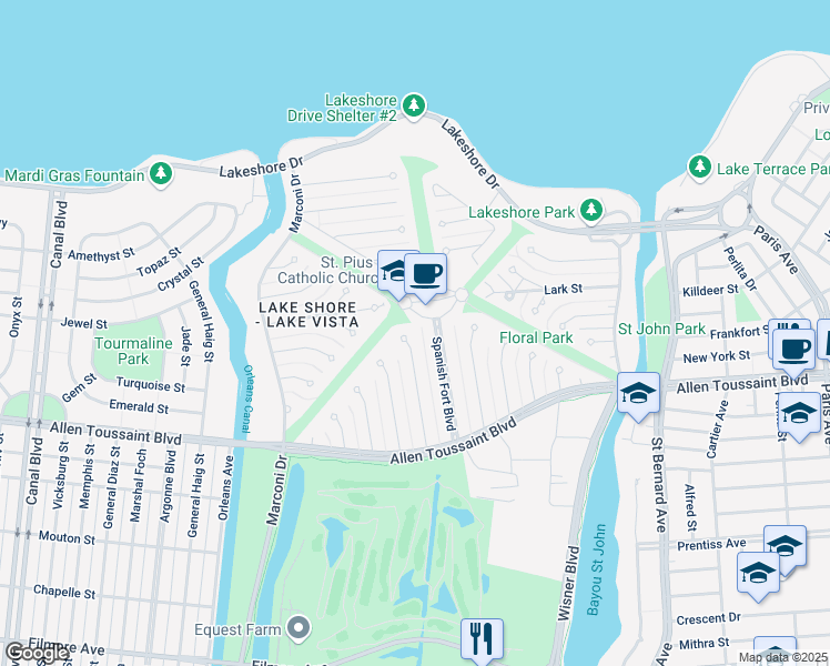 map of restaurants, bars, coffee shops, grocery stores, and more near 104 Egret St in New Orleans