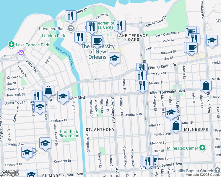 map of restaurants, bars, coffee shops, grocery stores, and more near 6218 Saint Anthony Avenue in New Orleans
