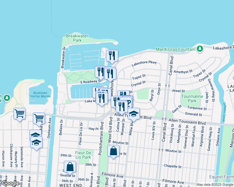 map of restaurants, bars, coffee shops, grocery stores, and more near 208 Jewel Street in New Orleans