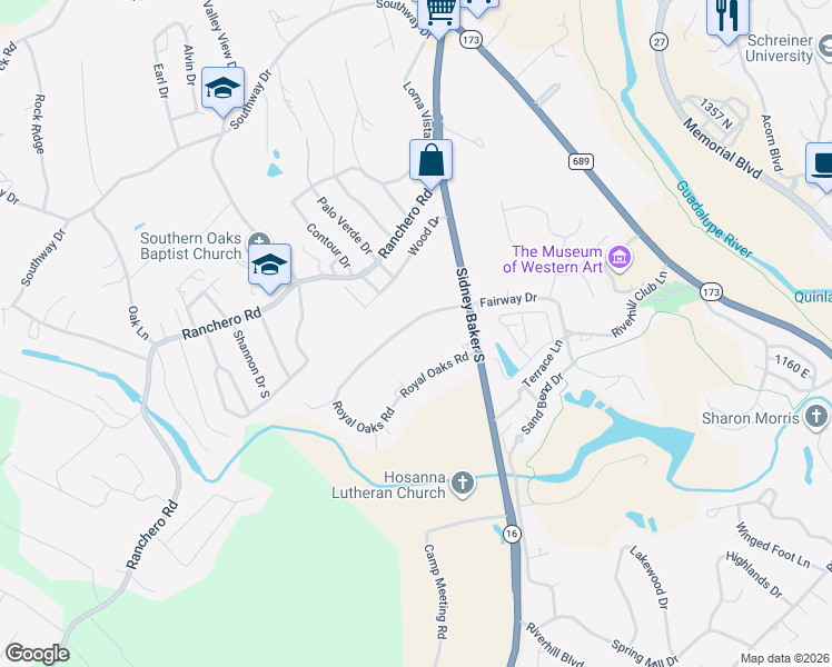 map of restaurants, bars, coffee shops, grocery stores, and more near 109 Royal Oaks Road in Kerrville