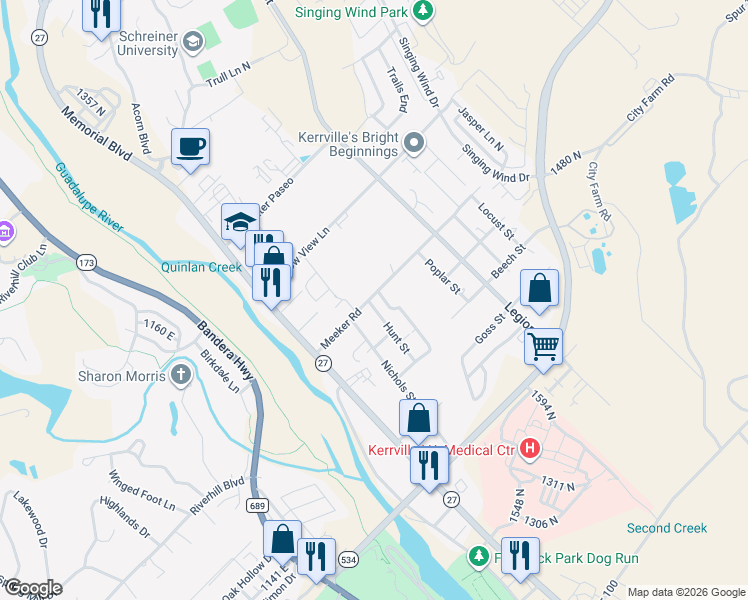 map of restaurants, bars, coffee shops, grocery stores, and more near 401 Meeker Road in Kerrville