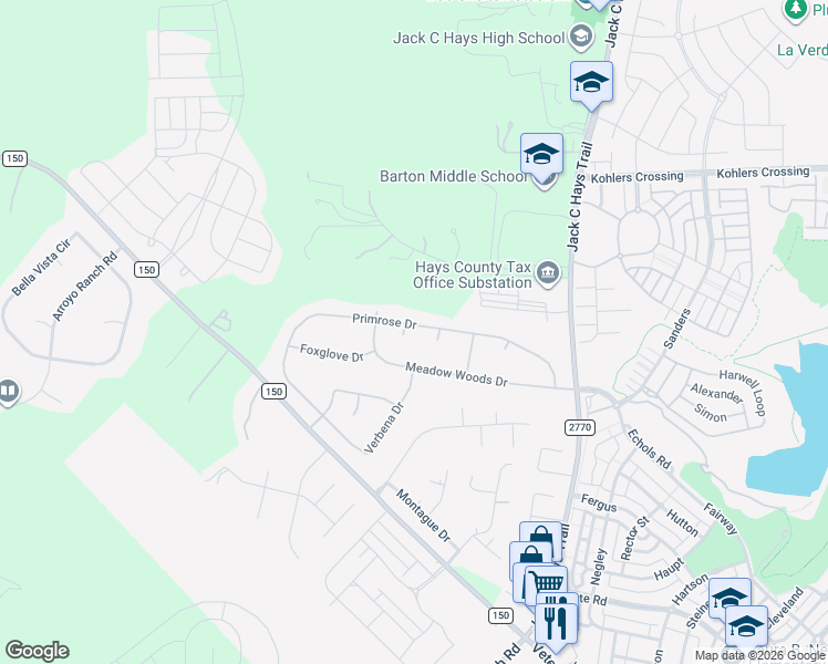 map of restaurants, bars, coffee shops, grocery stores, and more near 503 Rock Rose Circle in Kyle