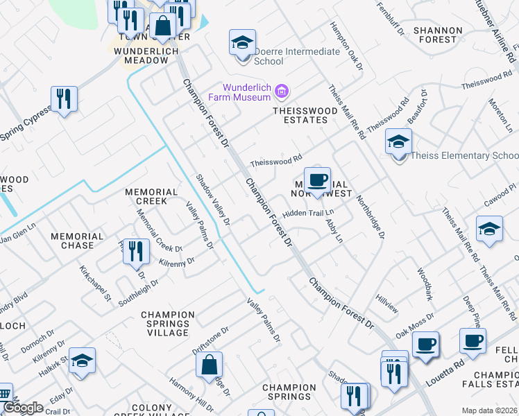 map of restaurants, bars, coffee shops, grocery stores, and more near 17721 Champion Forest Drive in Spring