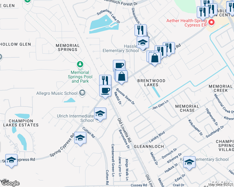 map of restaurants, bars, coffee shops, grocery stores, and more near 17558 Methil Drive in Spring