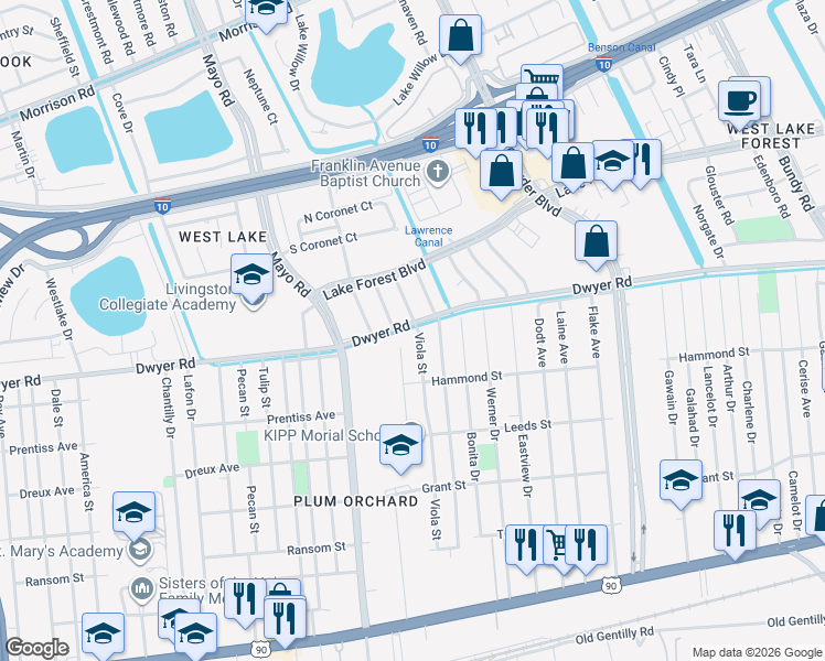 map of restaurants, bars, coffee shops, grocery stores, and more near 4888 Viola Street in New Orleans