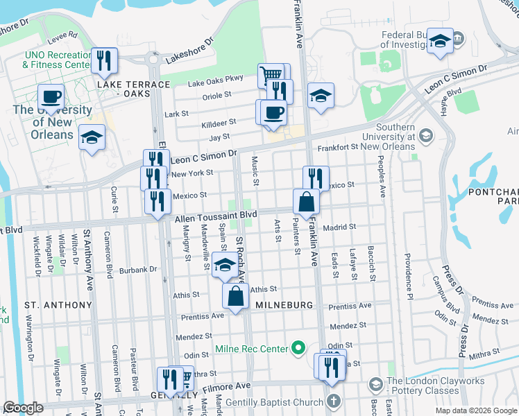 map of restaurants, bars, coffee shops, grocery stores, and more near 2429 Robert E Lee Boulevard in New Orleans