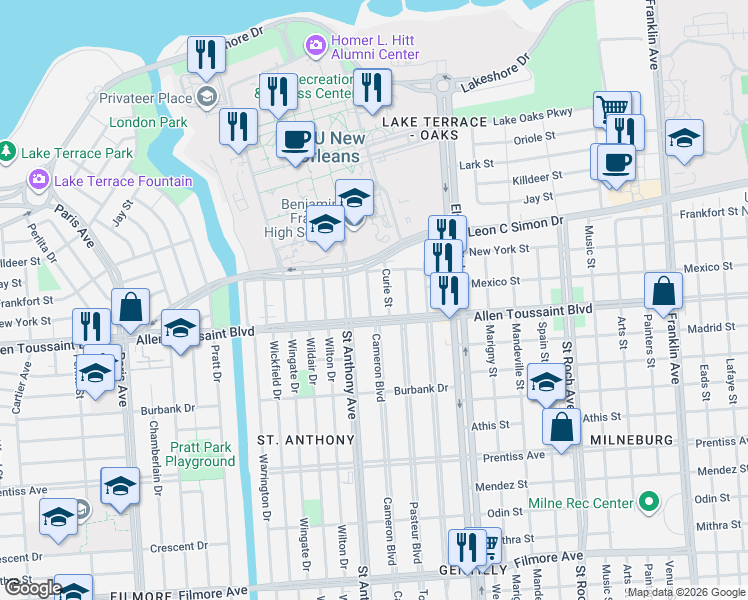 map of restaurants, bars, coffee shops, grocery stores, and more near 6217 Cameron Boulevard in New Orleans