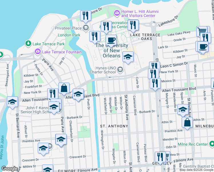 map of restaurants, bars, coffee shops, grocery stores, and more near 6225 Warrington Drive in New Orleans