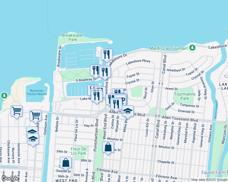 map of restaurants, bars, coffee shops, grocery stores, and more near 208 Jewel Street in New Orleans