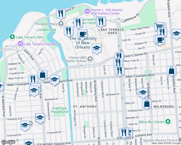 map of restaurants, bars, coffee shops, grocery stores, and more near 6218 Saint Anthony Avenue in New Orleans