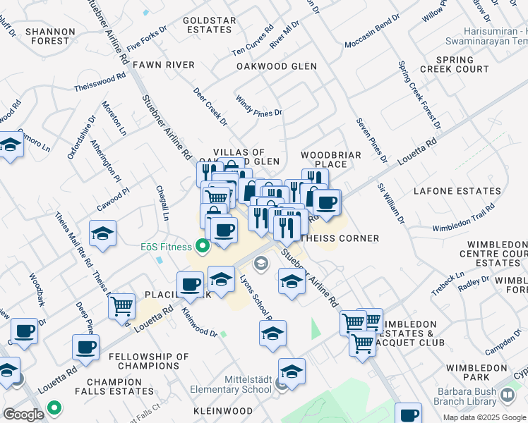 map of restaurants, bars, coffee shops, grocery stores, and more near 16864 Stuebner Airline Road in Spring