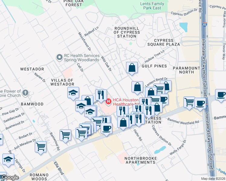 map of restaurants, bars, coffee shops, grocery stores, and more near 17515 Mossforest Drive in Houston