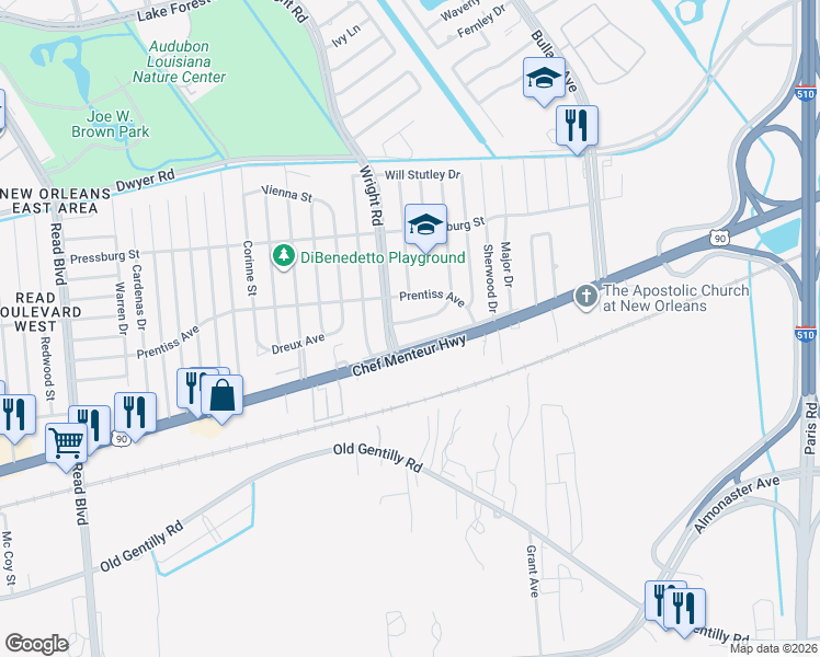 map of restaurants, bars, coffee shops, grocery stores, and more near 1122 King Richard Drive in New Orleans