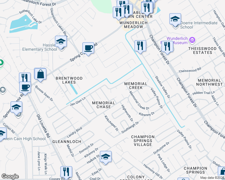 map of restaurants, bars, coffee shops, grocery stores, and more near 17315 Edenbridge Court in Spring