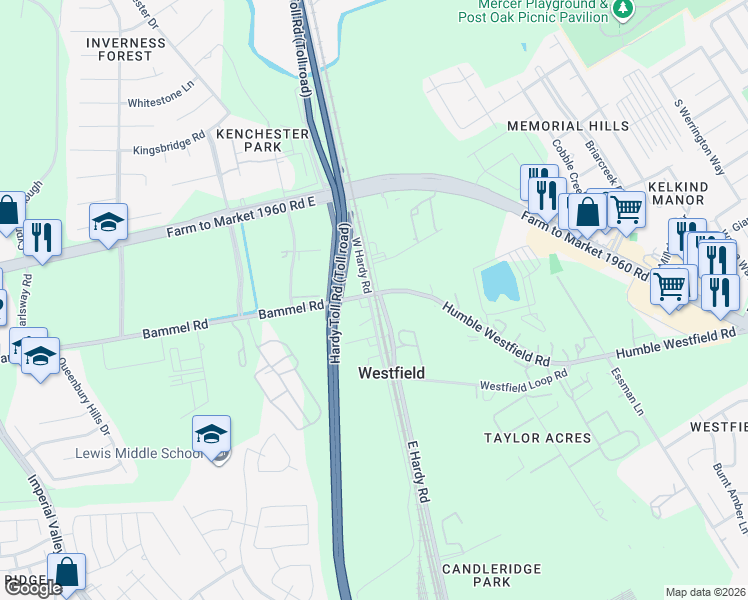 map of restaurants, bars, coffee shops, grocery stores, and more near 34 Humble Westfield Road in Houston