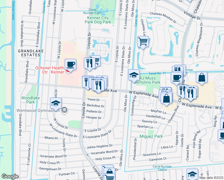 map of restaurants, bars, coffee shops, grocery stores, and more near 3459 East Loyola Drive in Kenner
