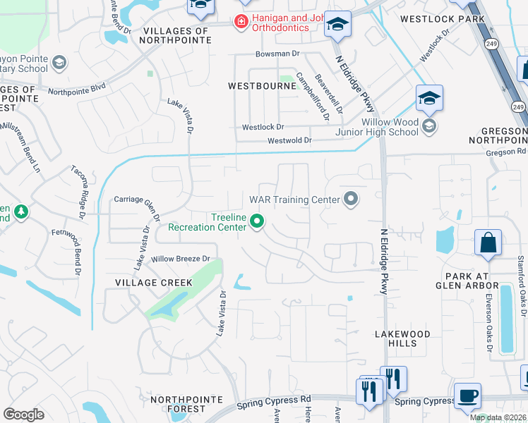 map of restaurants, bars, coffee shops, grocery stores, and more near 12511 Randy Riley Way in Tomball